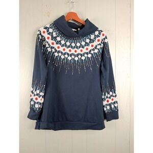 Soft Surroundings Dahlia Fair Isle Top Small Blue Beaded Cowl Neck Stretchy Knit